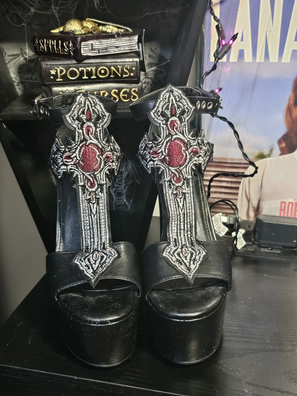 Dolls Kill Black Platform Sandals with Silver Embroidered Red Accents